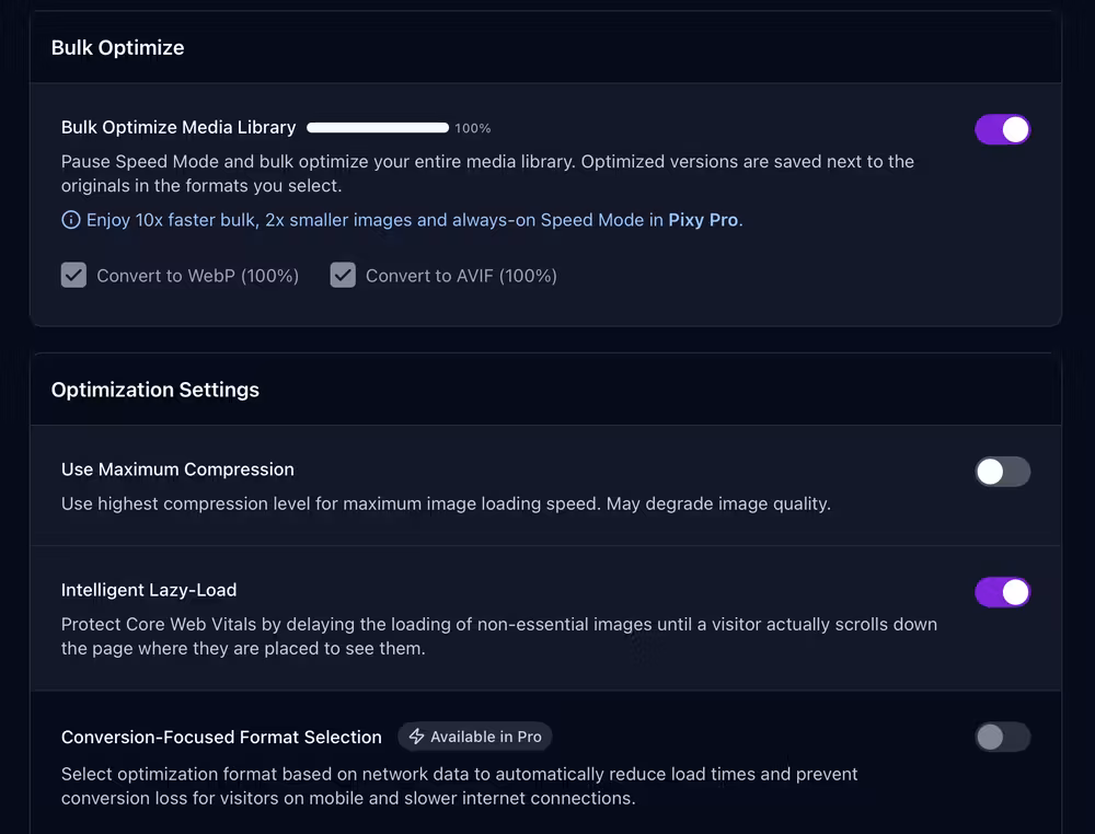 Pixy bulk and lazy load dashboard - Light Mode